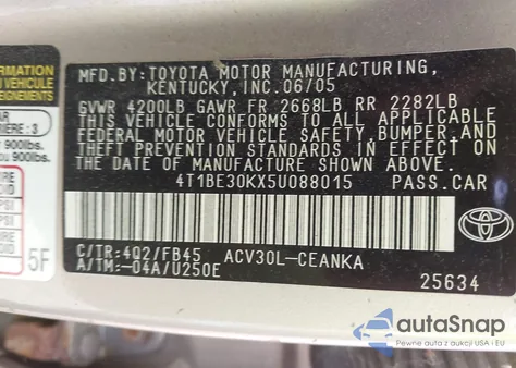 2005 Toyota Camry Le z USA, uszkodzony, nr VIN 4T1BE30KX5U088015